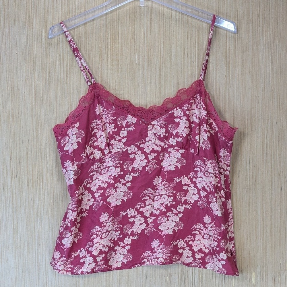 Old Navy Womens Vintage Y2K Boho 100% Silk Floral Lace Trim Cami Top Size L Red
